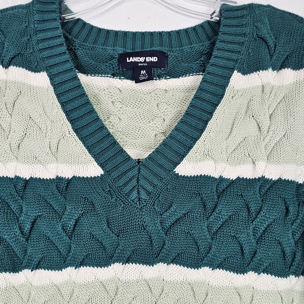 Lands End Drifter Sweater Green Stripes Cable Knit Pullover Cotton Sz M Academia - Picture 5 of 11